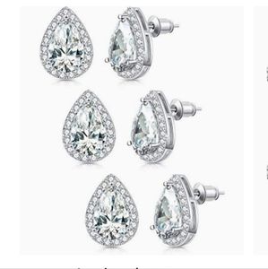 3 Pairs Silver & CZ Diamond Halo Pear Shaped Earrings NWT